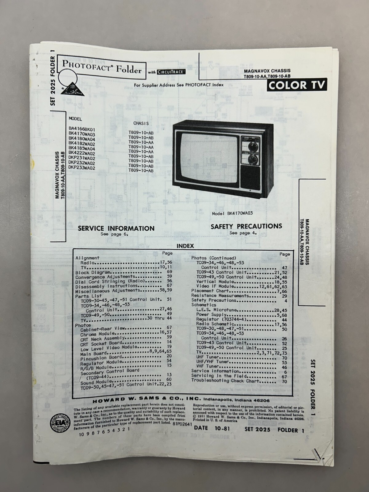 Magnavox T809-10 Service Manual Sams Photofact Free Shipping