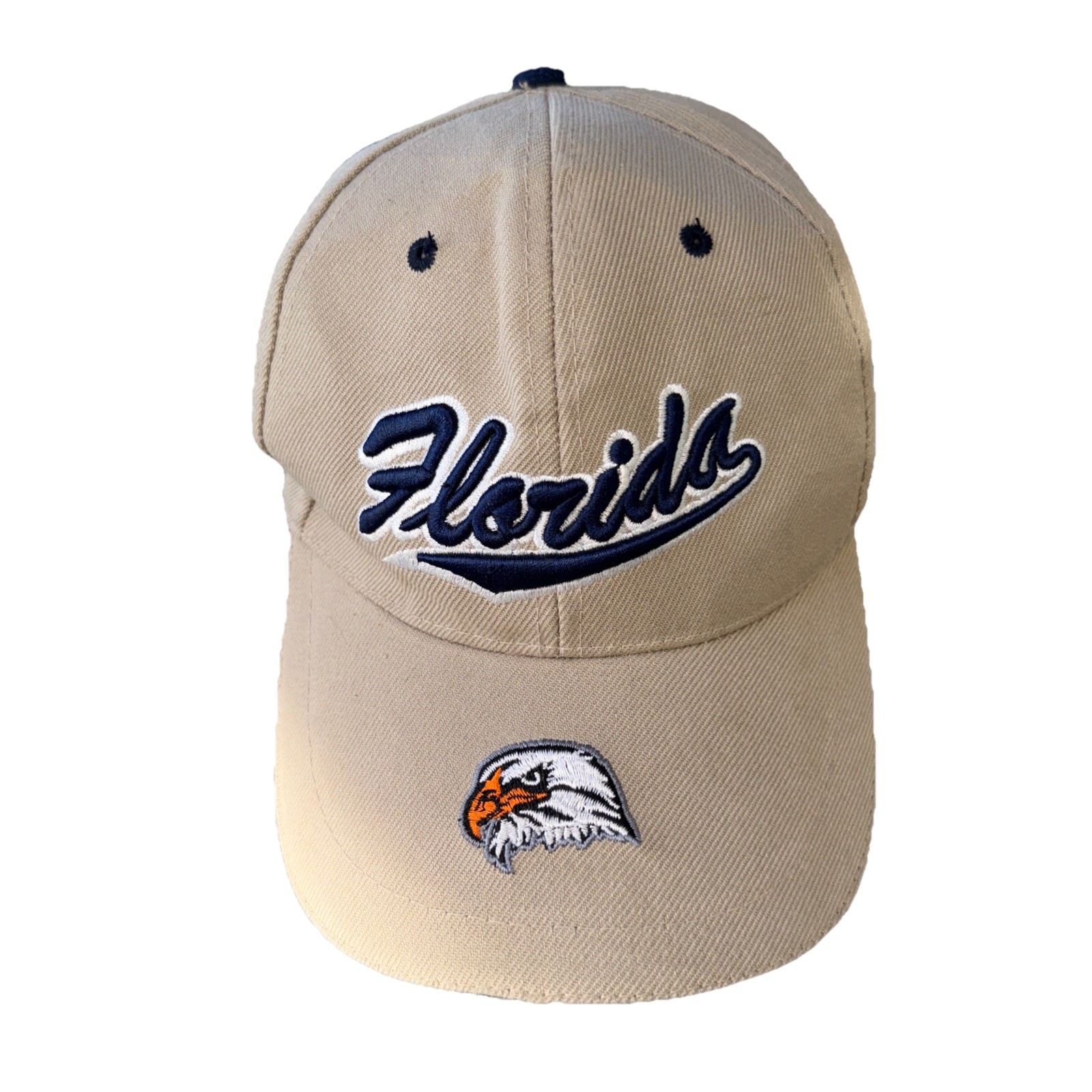 Florida Script navy And White  on Tan Hat Cap W Eagle Hook Loop Acrylic EUC
