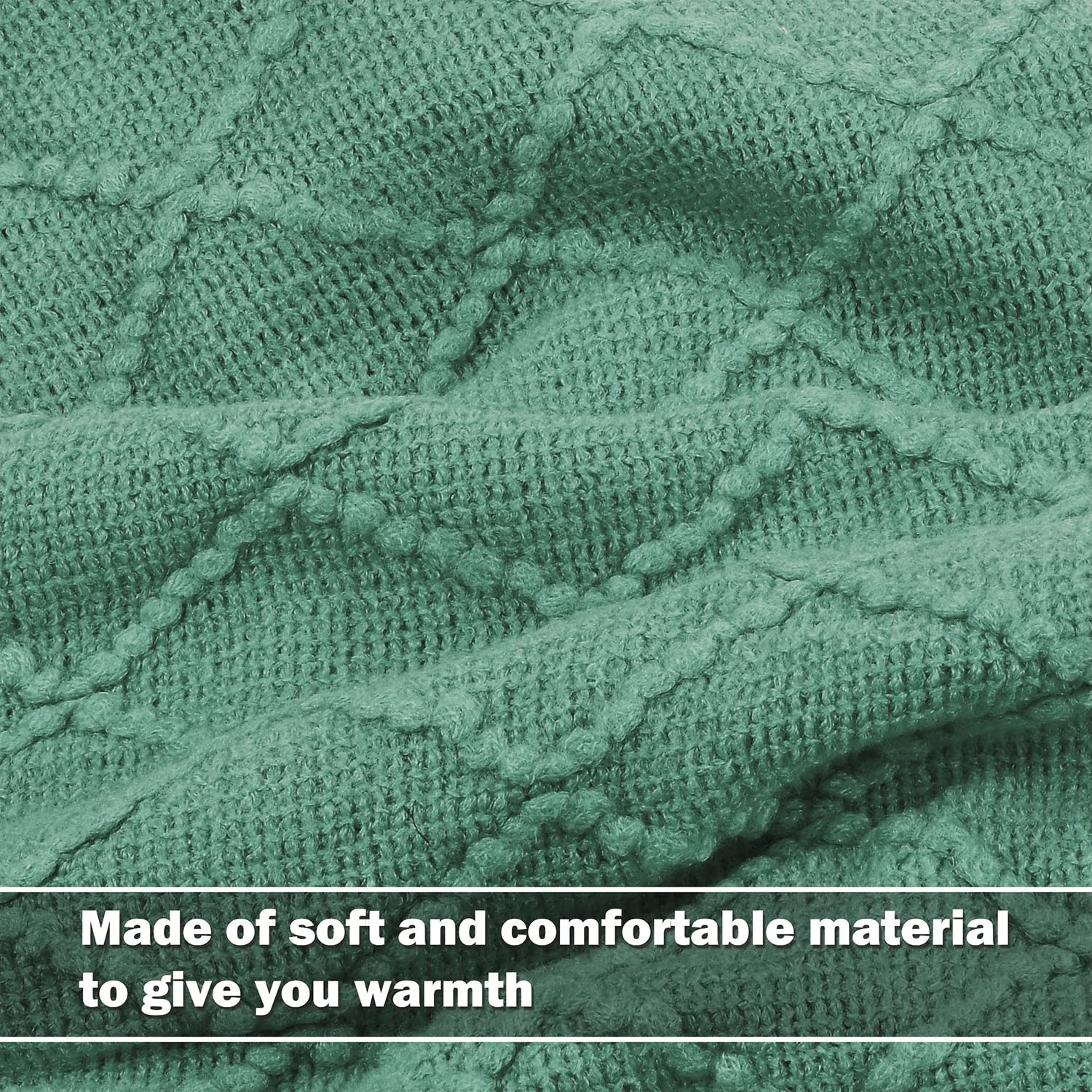 Teal Green Knitted Throw Blanket for Couch, Decorative Blanket with Fringe, A...