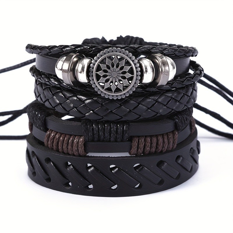 4PCS Mens Womens Braided PU Leather Rope Bracelet Set Wristband Bangle Tribal