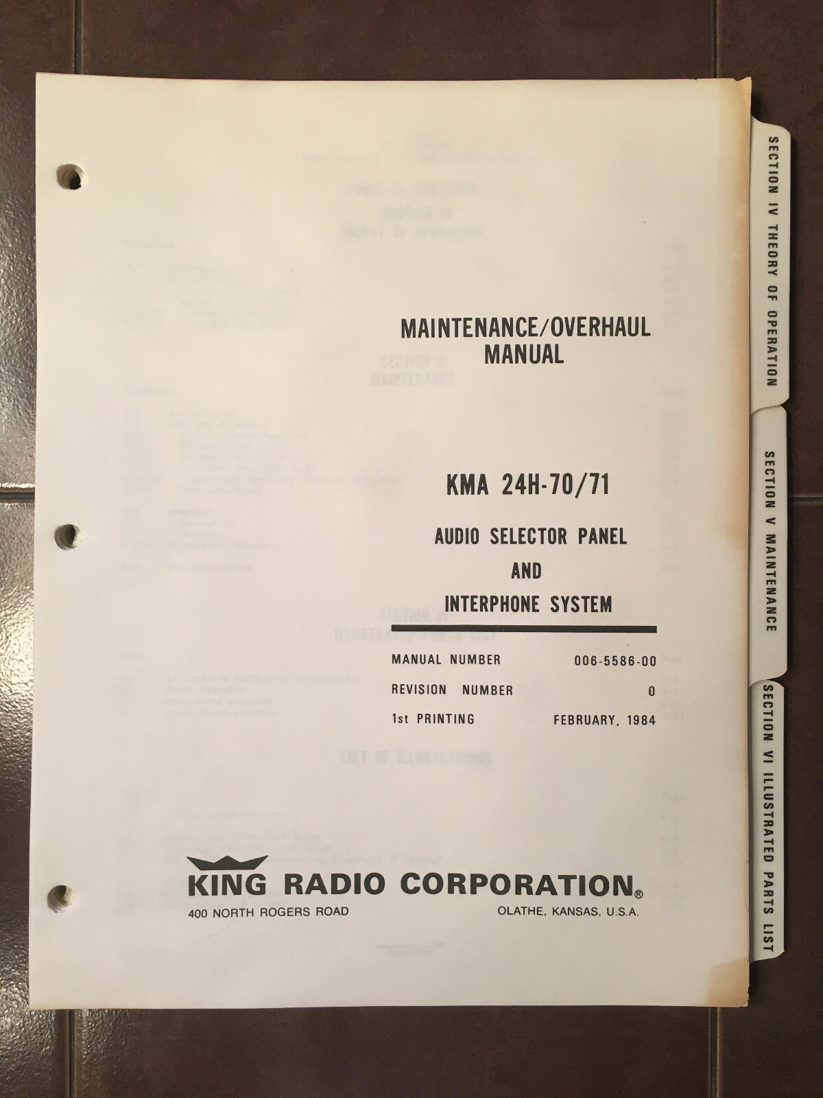 King Radio KMA 24H-70/71 Audio Panel Maintenance Overhaul & Parts Manual
