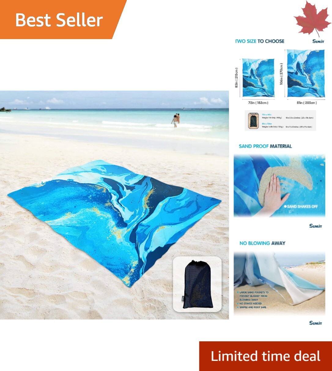 Sunlit Sandfree Beach Blanket - Extra Large 6' x 7' - Sandproof - Portable