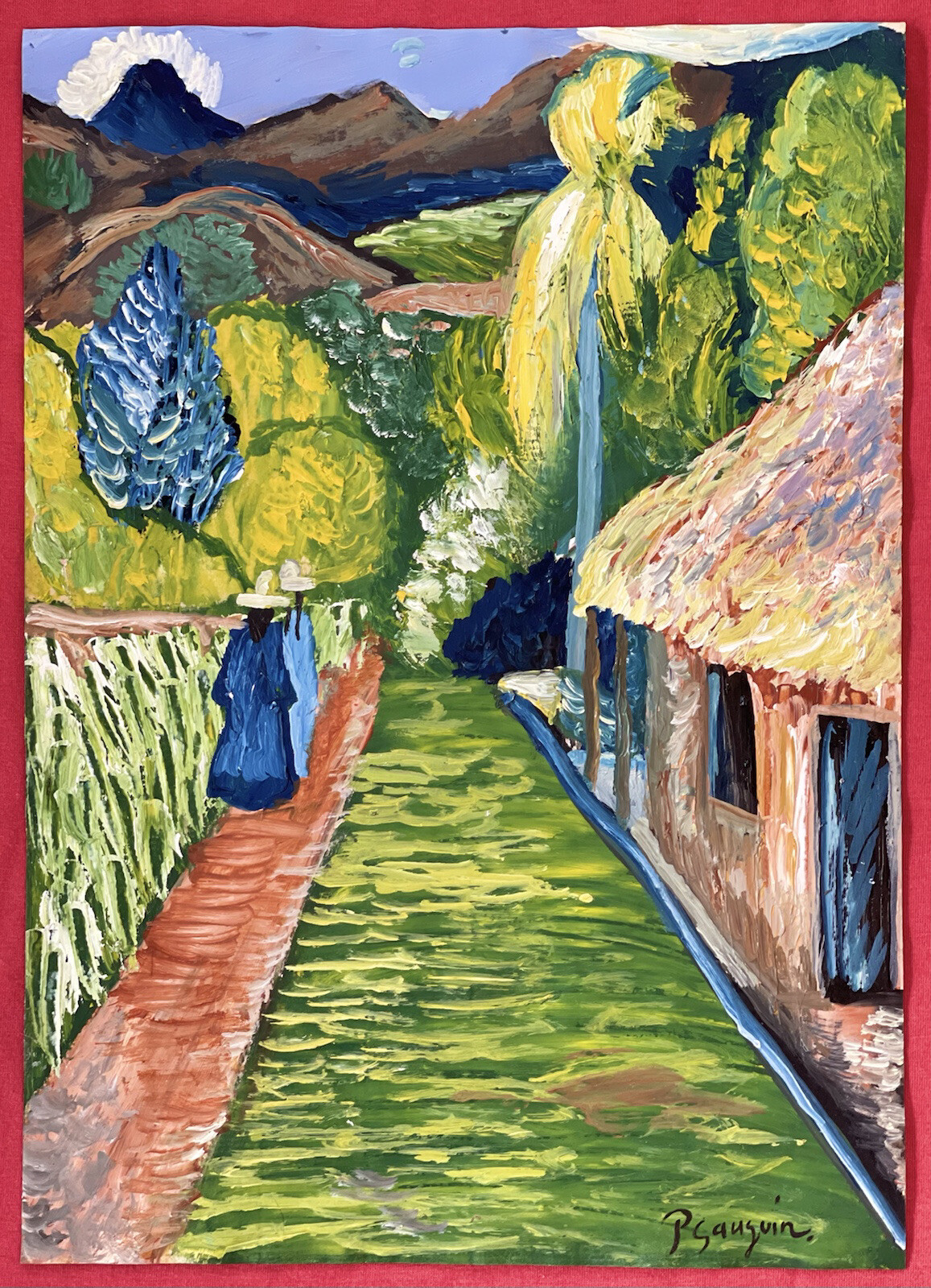 Paul Gauguin (Handmade) Oil Drawing On old Paper Signed & Stamped, vtg Art