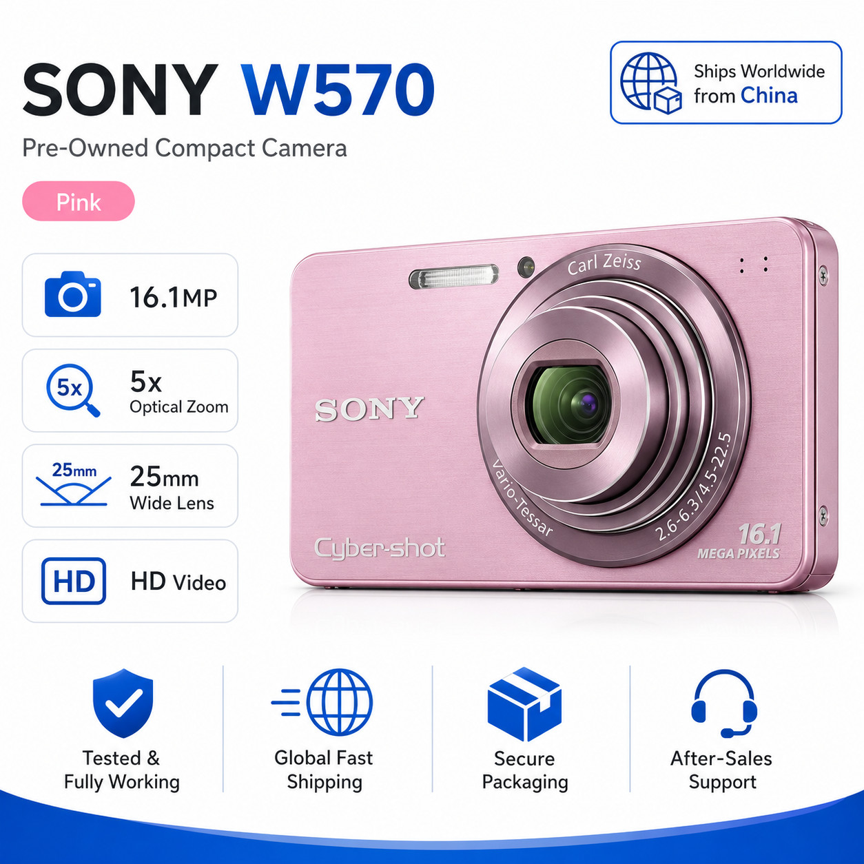 Sony Cyber-shot DSC-W570 Digital 16Mp 25Mm Camera 16.1MP 5x Optical Zoom Pink