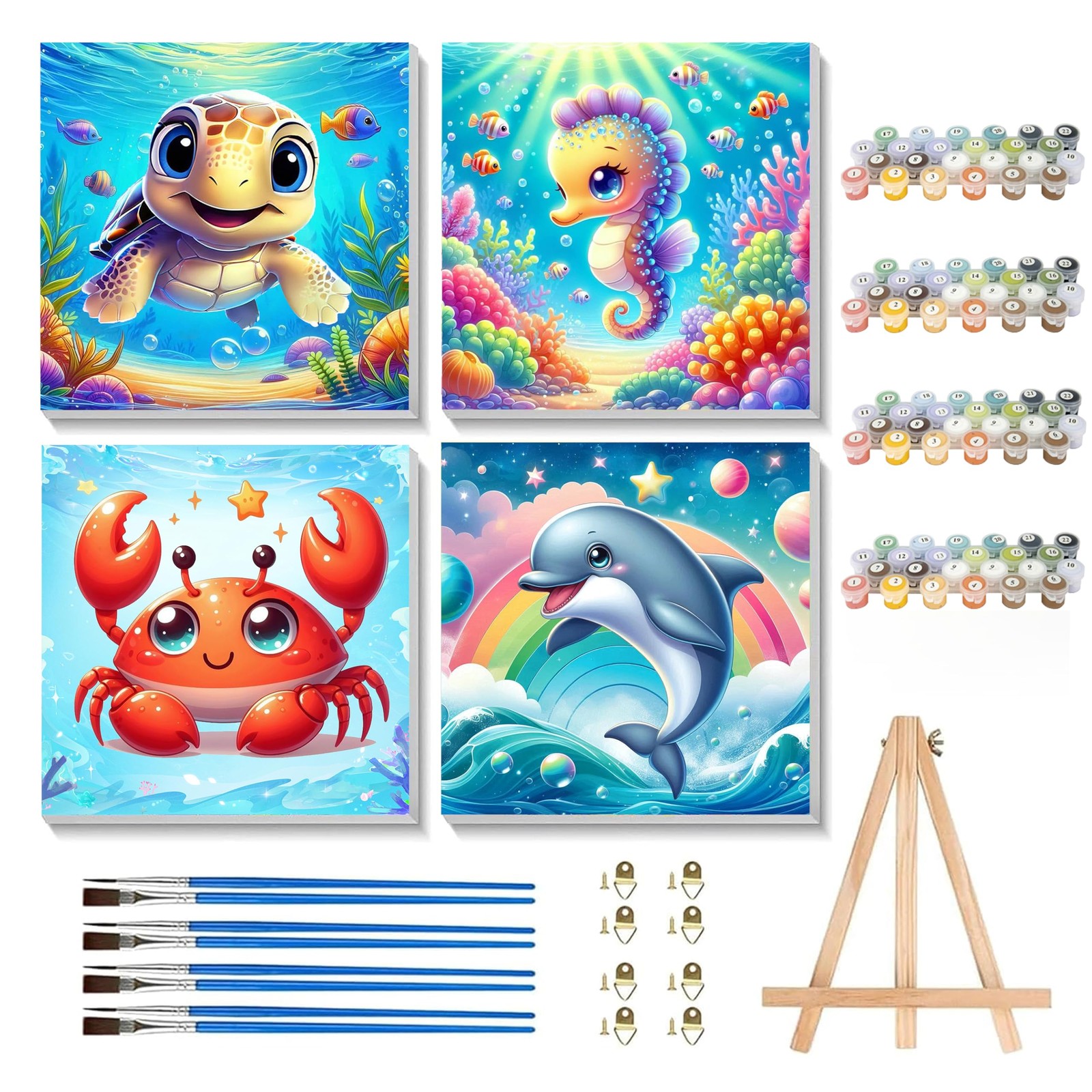 4 Pack Paint by Numbers with Frame - Sea Animal Paint by Numbers Kit for Kids,K
