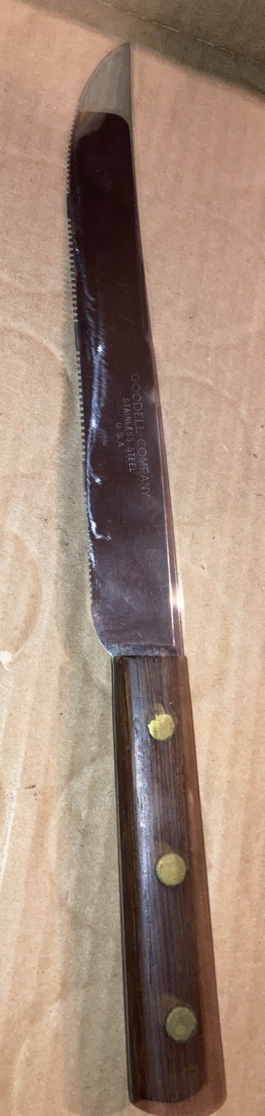 Vintage GOODELL-8" Blade-Serrated 12” Knife Stainless Steel, W/ Hardwood Handle.