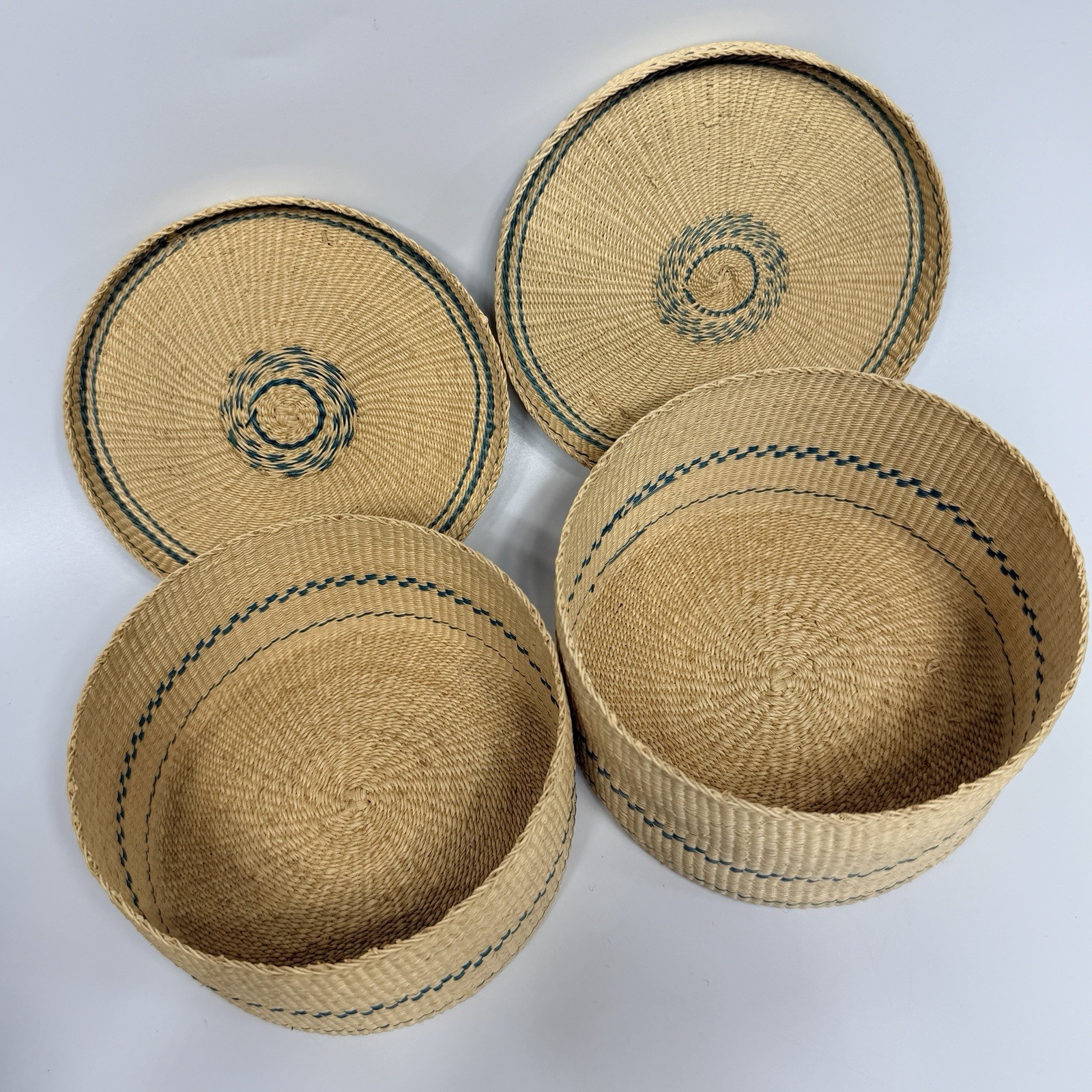 Set 2 Beige Teal Green Tightly Woven Nesting Baskets Lids Boxes Round 5.75" Boho