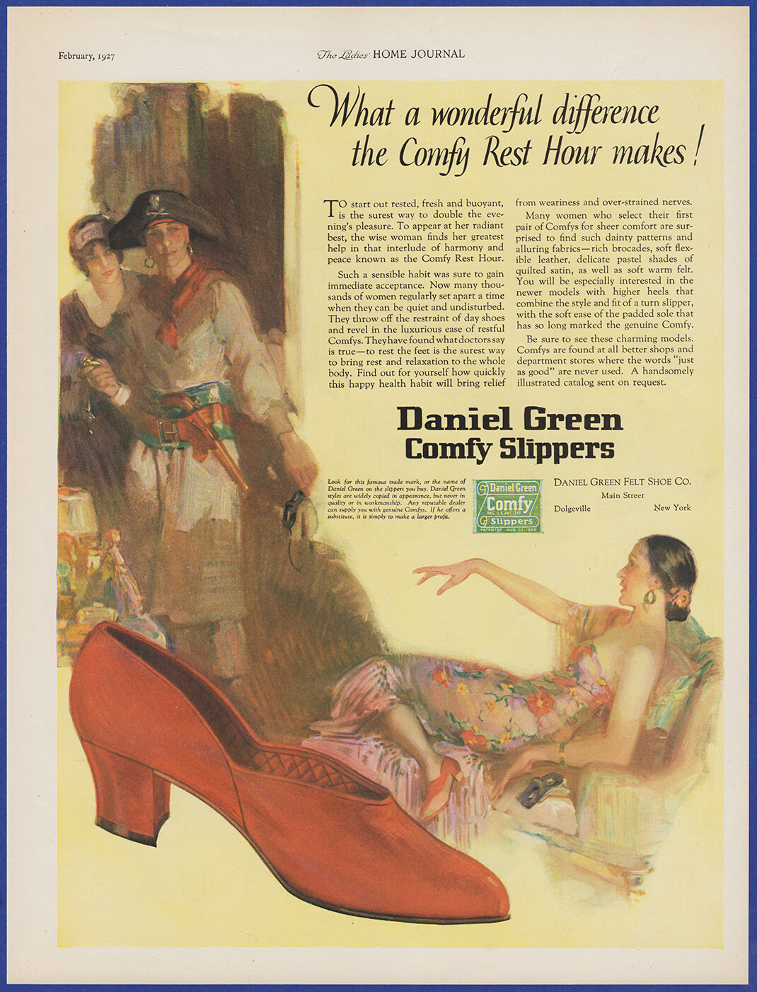 Vintage 1927 DANIEL GREEN Comfy Slippers Women's House Shoes 1920's Print Ad