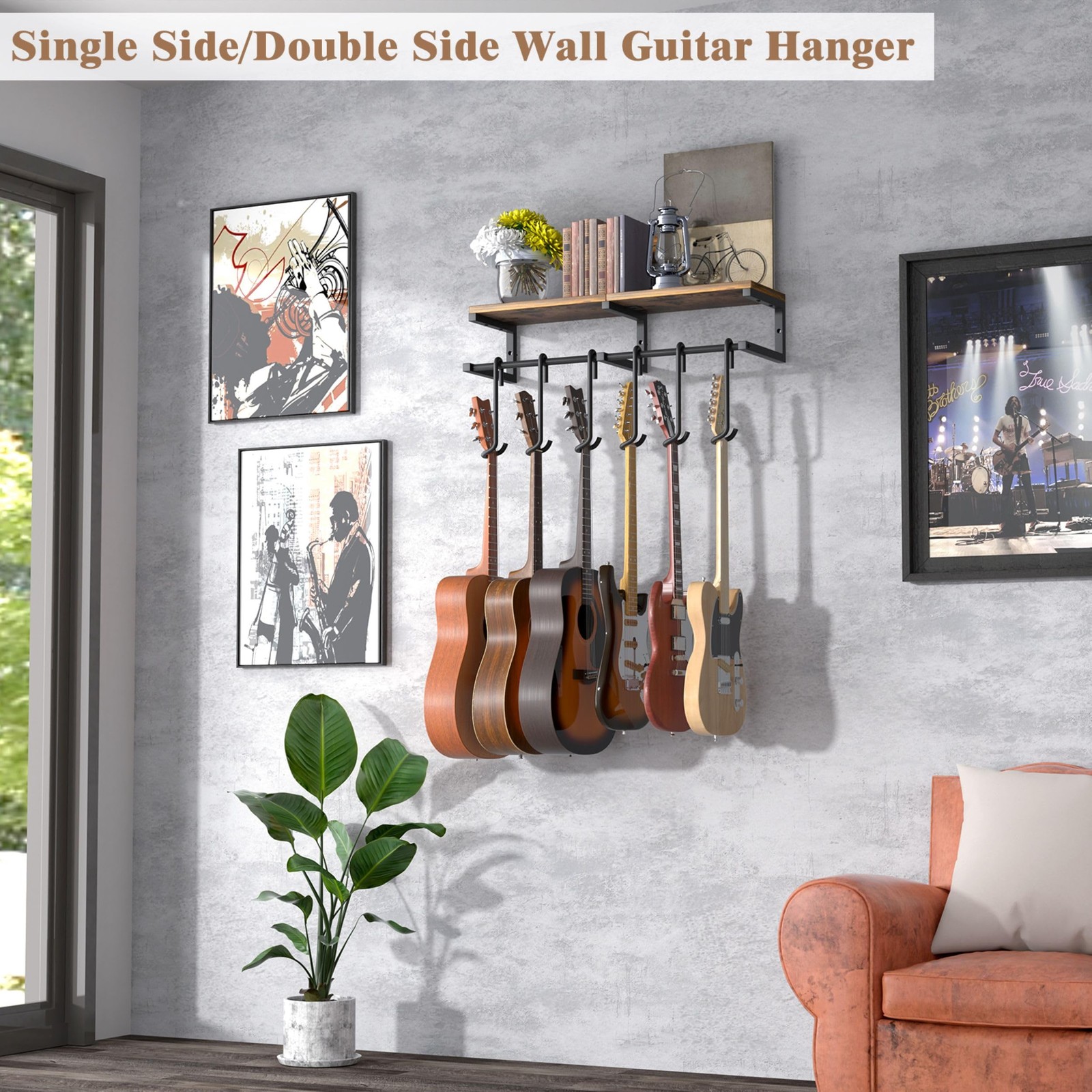 Guitar Wall Mount Hangers Holds 6 Guitars with Rustic Shelf - 6-Detachable Gu...
