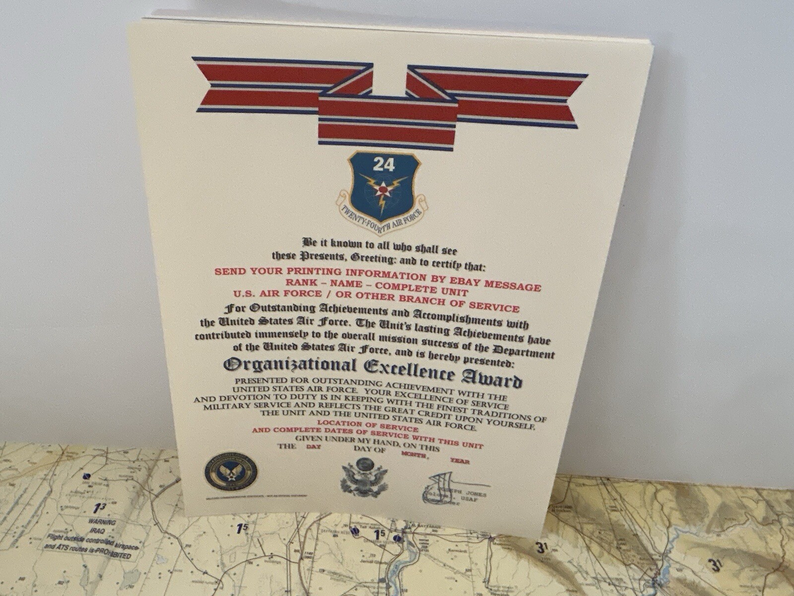U.S. AIR FORCE / 24TH AIR FORCE - ORGANIZATIONAL EXCELLENCE AWARD CERTIFICATE