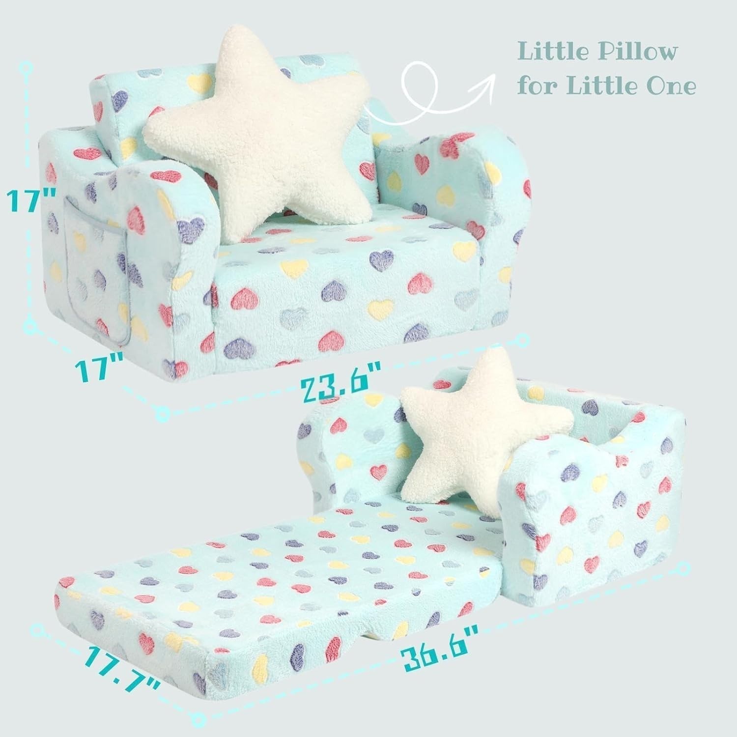 Kids-Friendly 2-in-1 Couch and Lounger - Colorful Heart Design for Toddlers