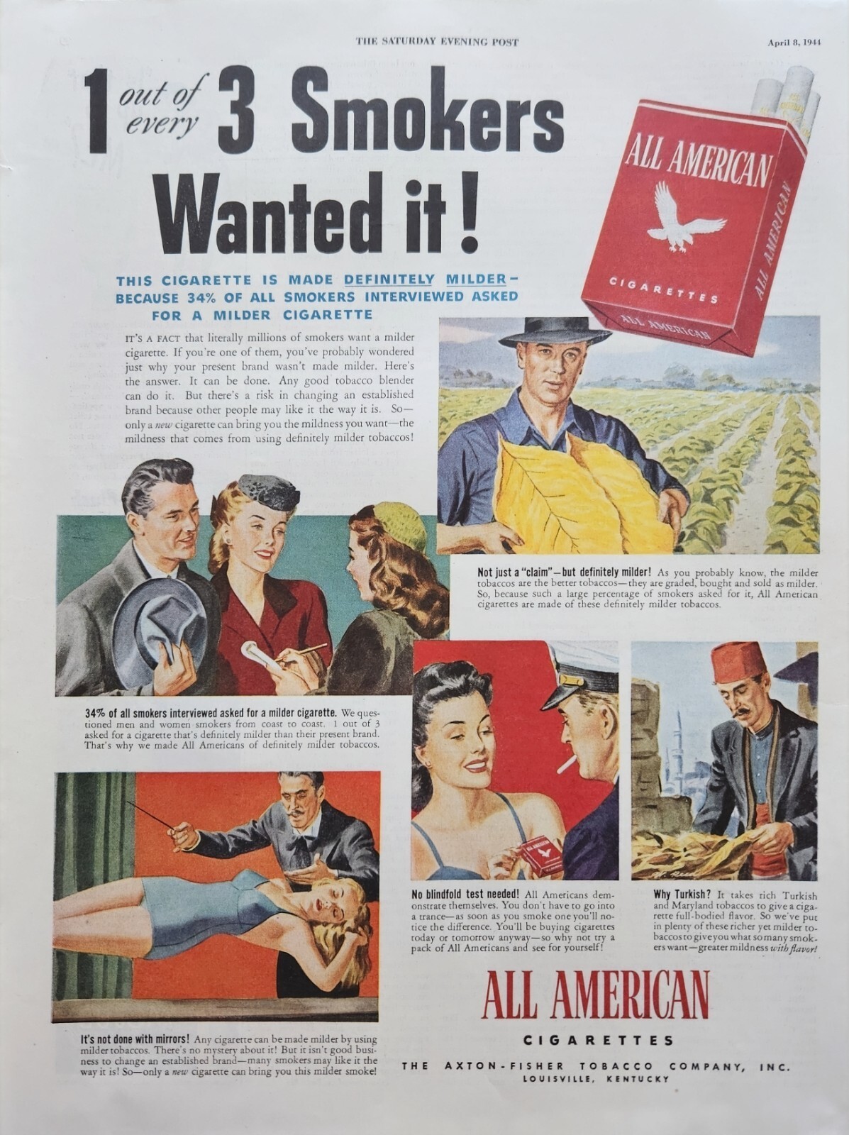 1944 All American Cigarettes Vintage Ad Smokers wanted it