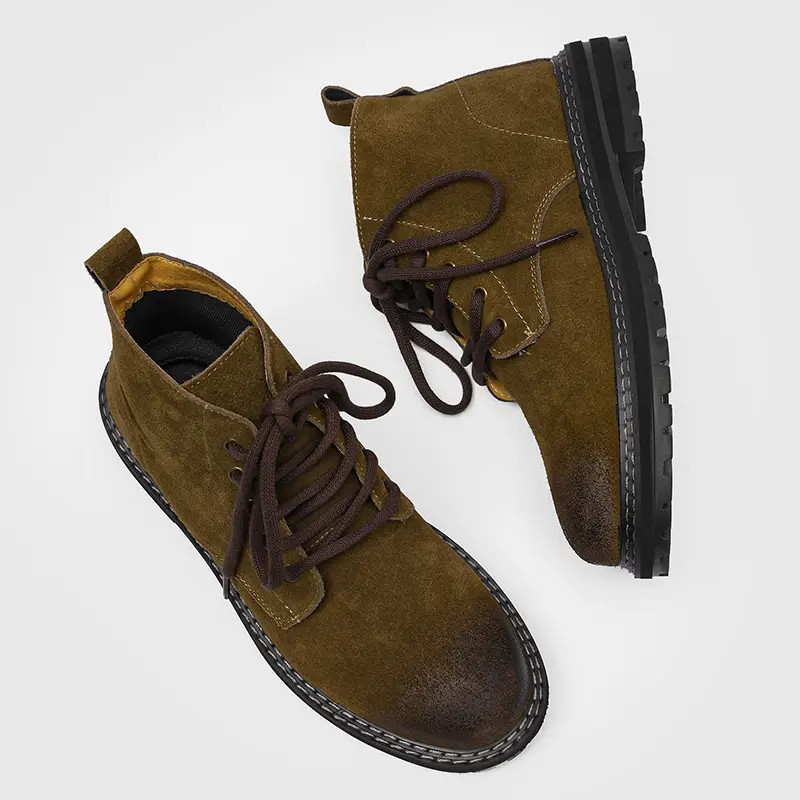 Mens Suede Leather High Top Lace Up Round Toe Casual Outdoor Work High Top Shoes