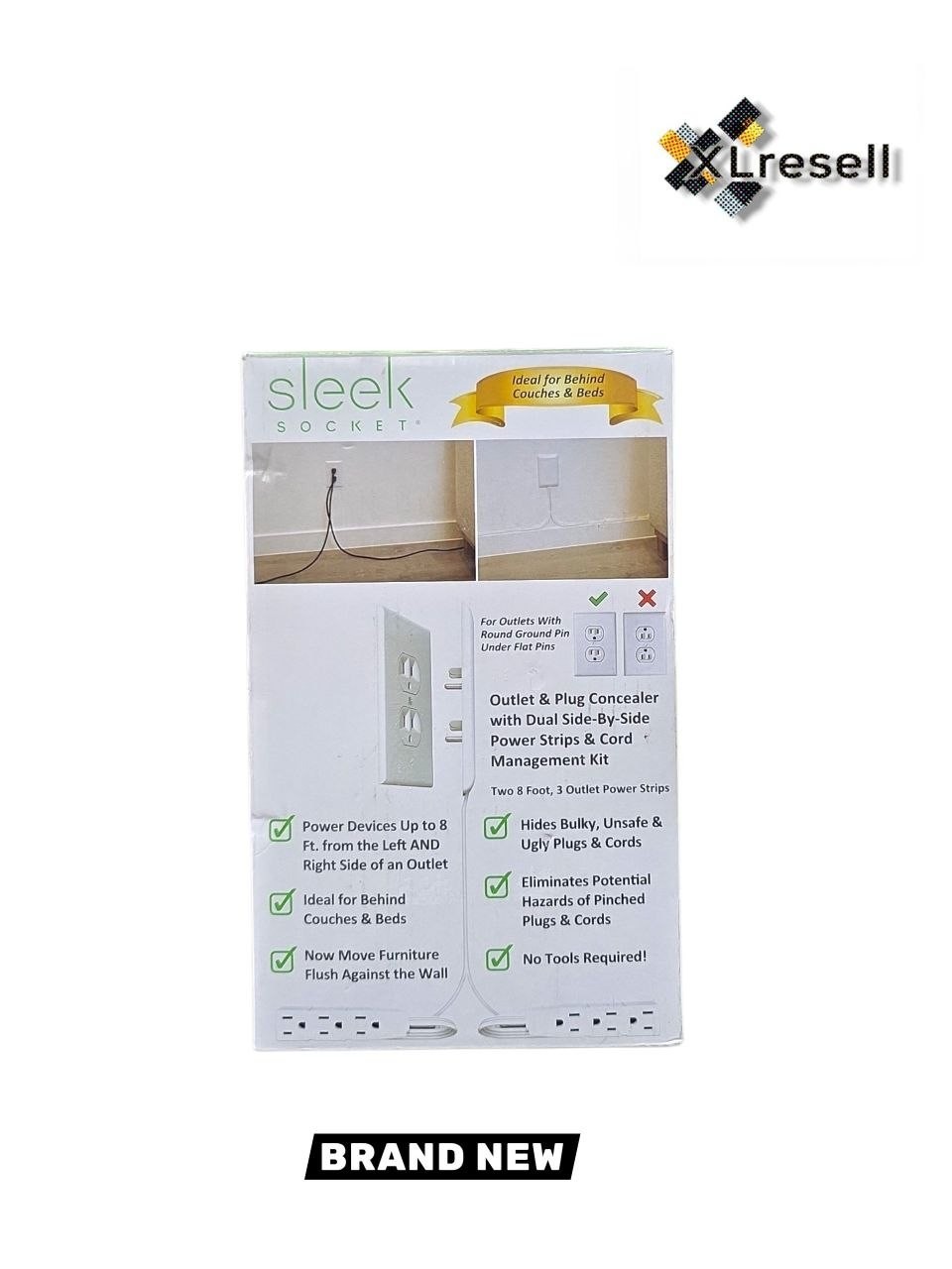 Sleek Socket Original and Patented Flat Ultra-Thin Outlet Concealer 8ft Dual Two