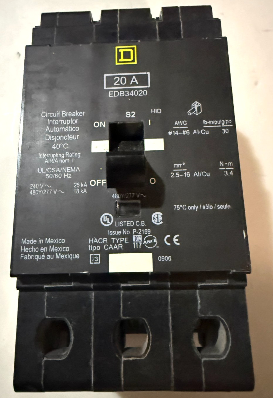 Square D EDB34020 20 Amp 3 Pole 277/480V Circuit Breaker Unused Open Box New