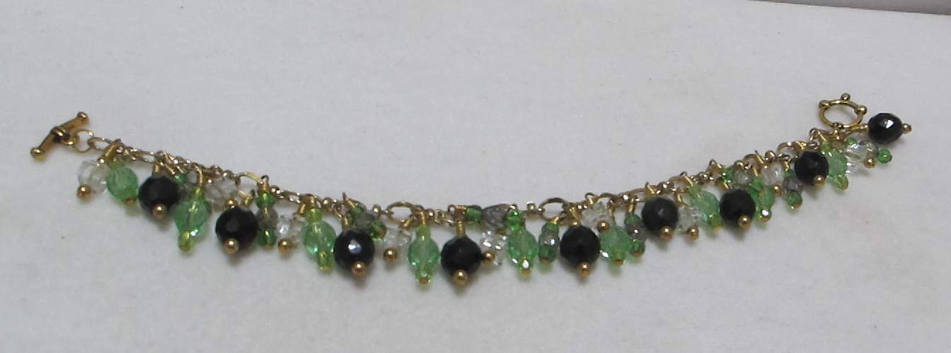 Artisan 9” Gold Tone Charm Bracelet Lt Green, Black, Clear Dangling Crystals