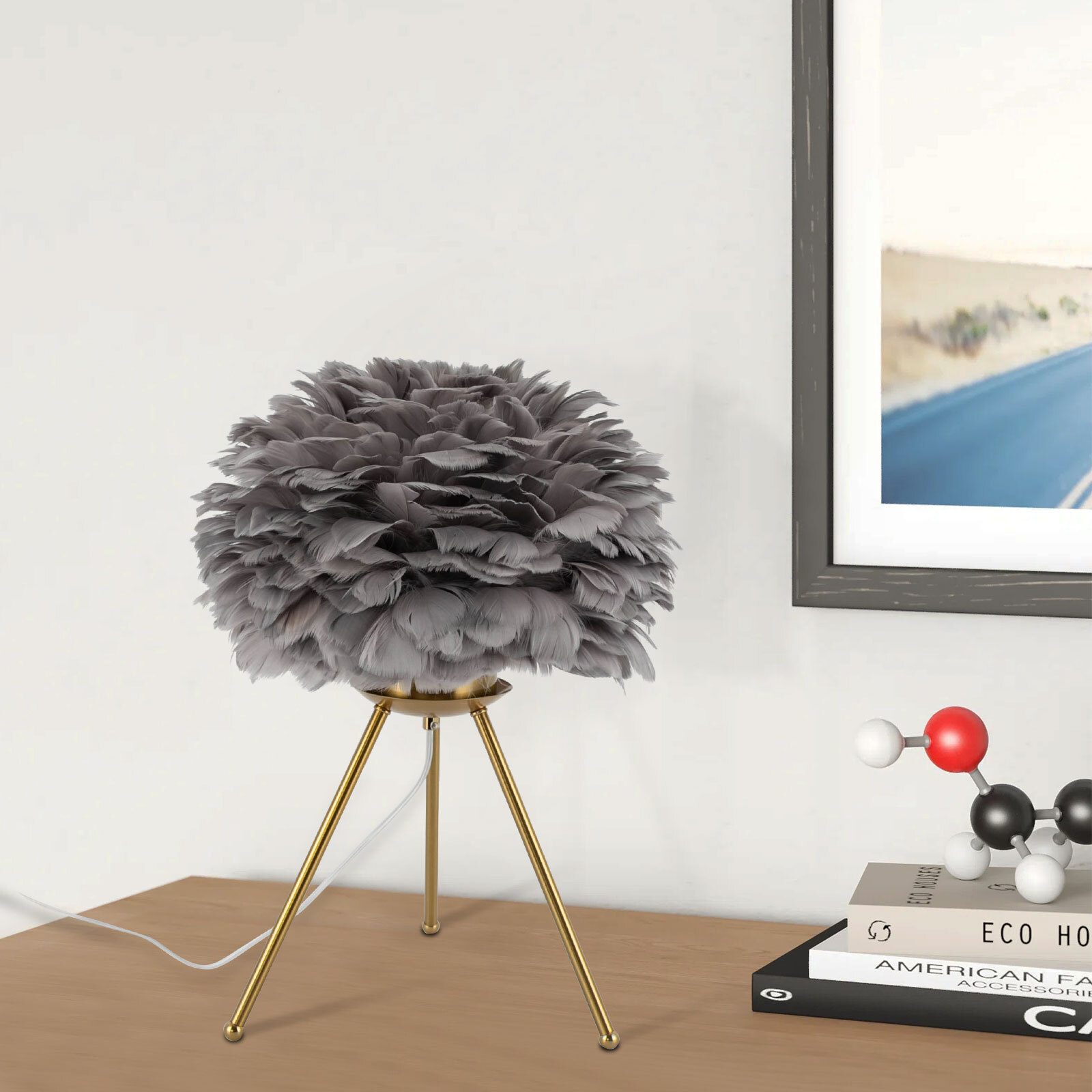 Gray Feather Table Lamp Tripod Lamp, Feather Lamp, Table Light Hand Control