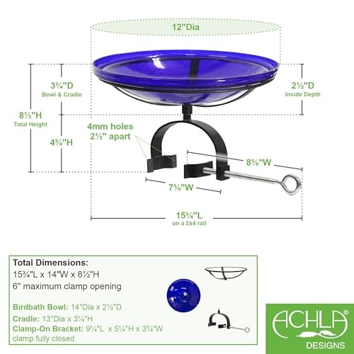 14" Cobalt Blue Crackle Birdbath- Over Rail Bracket