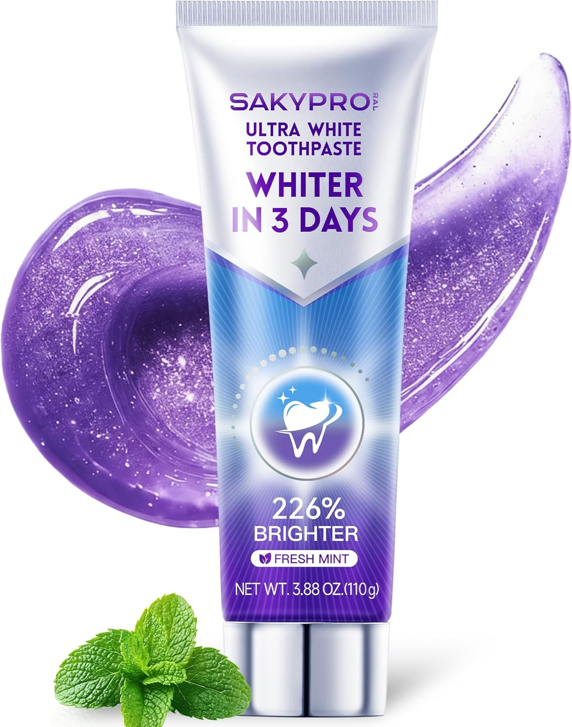SAKYPRORAL Purple Whitening Toothpaste Fluoride Peroxide Free Mint 3.88 Oz