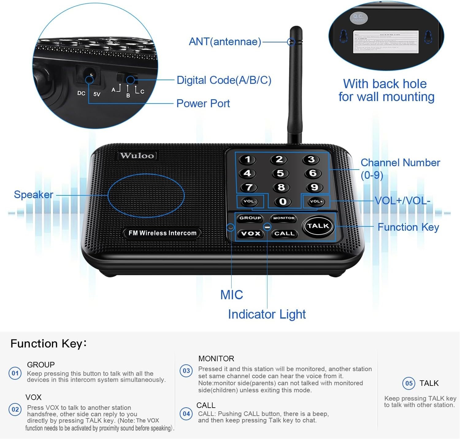 Intercoms Wireless for Home 5280 Feet Range 10 Channel 3 Code, Wireless Inter...