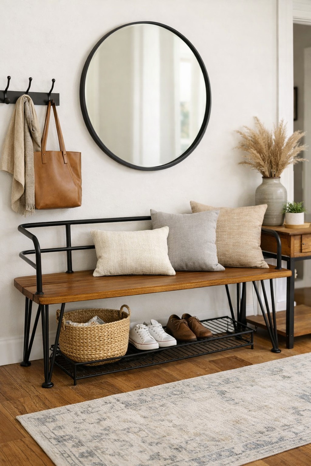 Modern Industrial Wood & Metal Entryway Bench Flor Hallway And Porch