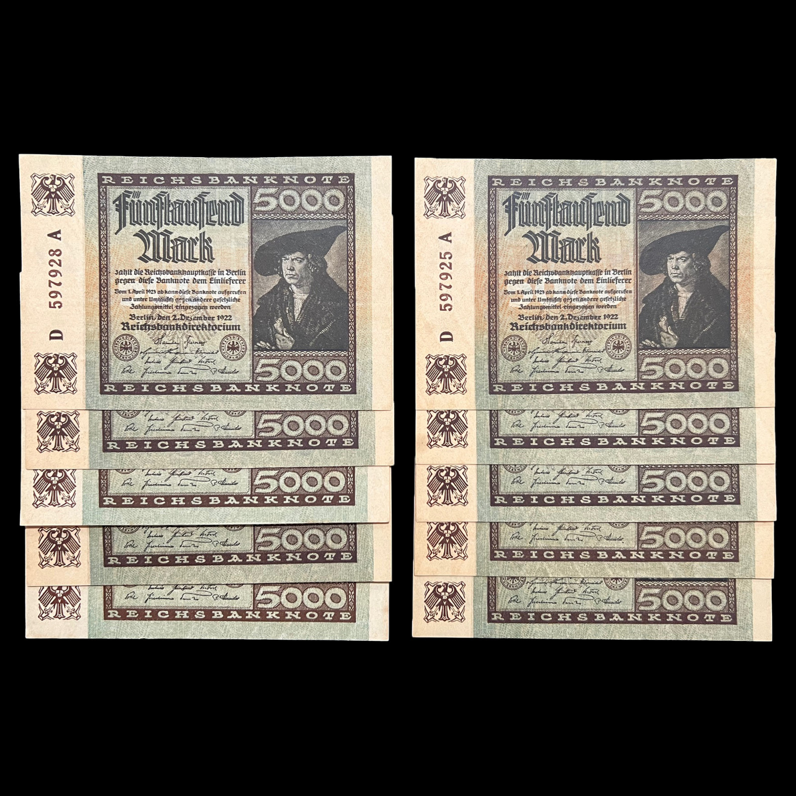 10x 1922 Germany 5000 Mark Post WW1 Pre WW2 Banknote Paper Money Kaiser AU-UNC