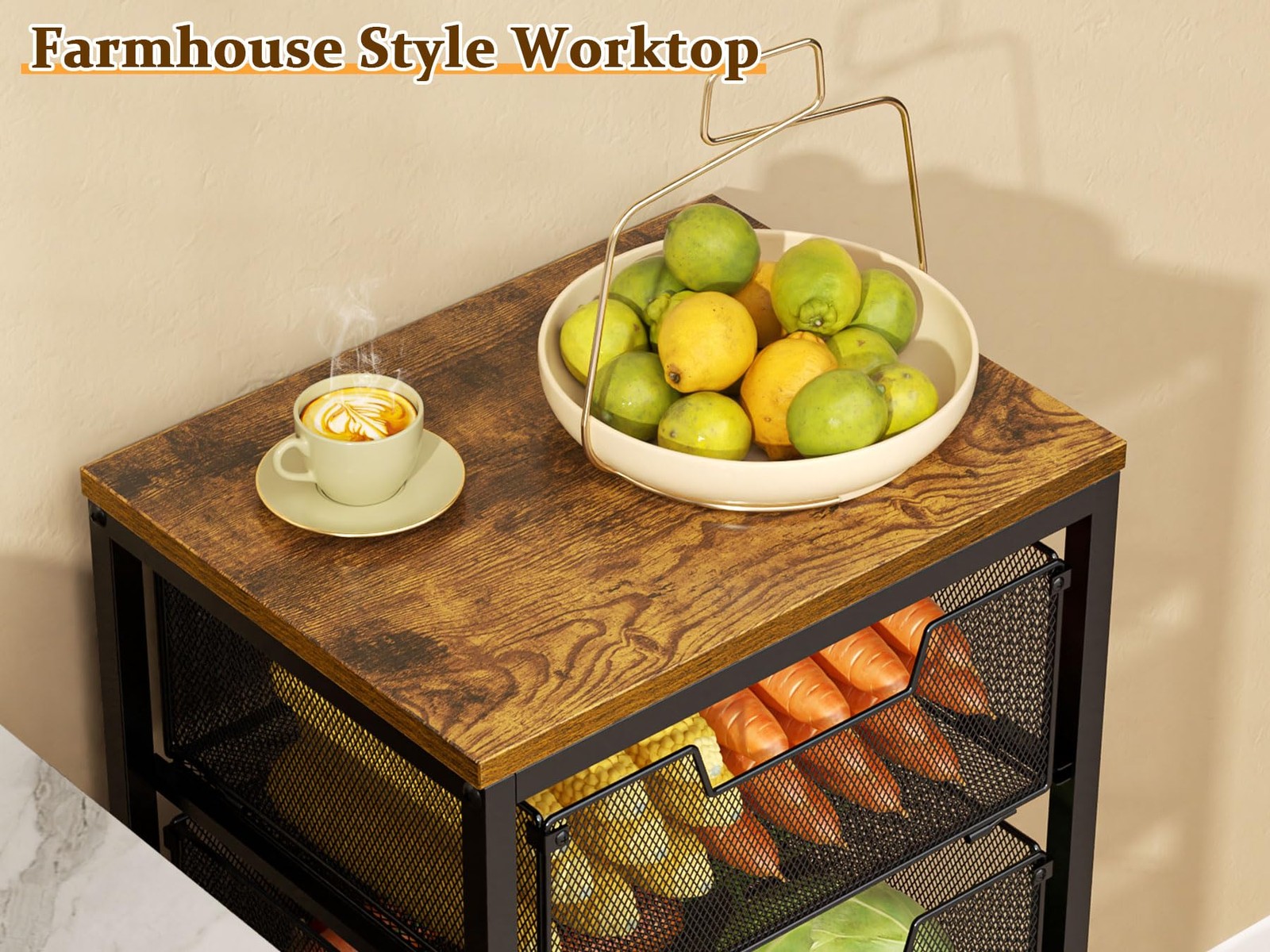Kitchen Rolling Cart with Drawers, 4-Tier Fruit Vegetable Storage Cart on Whe...