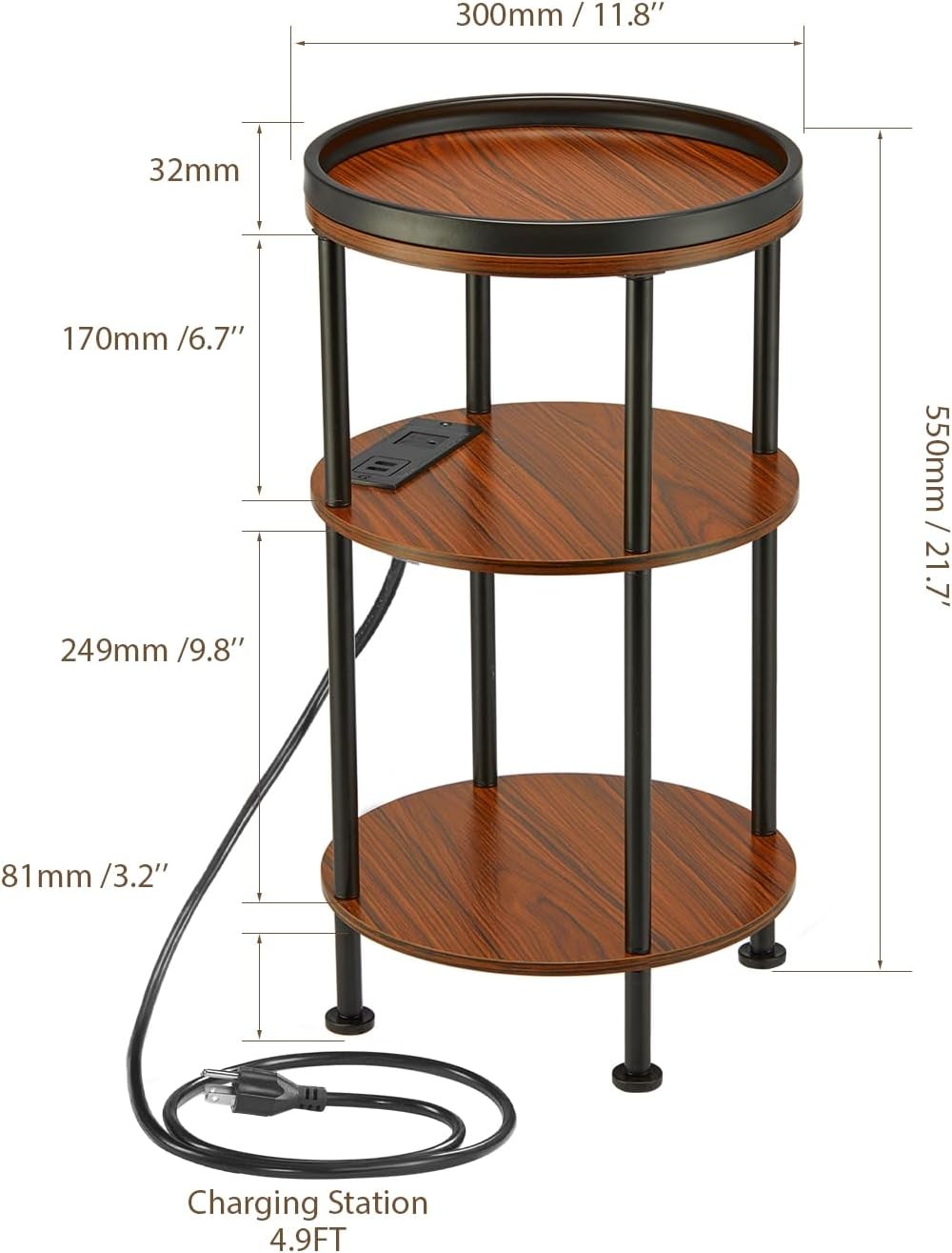 Round Side Table W/ Charging Station Small Spaces 3-Tier Accent Table Durable