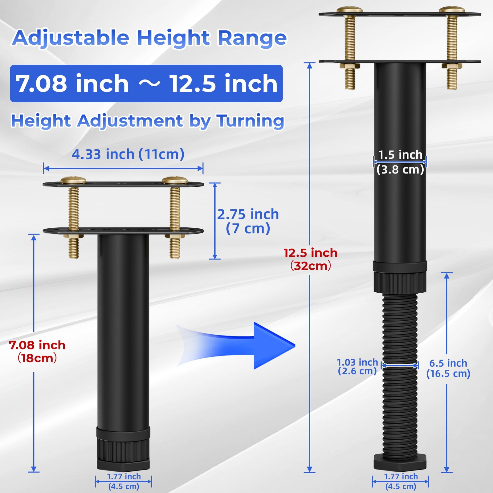 6 Pcs Adjustable Height Bed Support Legs 7.08-12.5 inch with Locking Ring, Be...