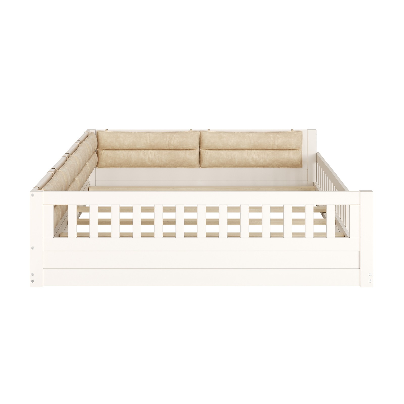Full Size Upholstered Platform Bed with Guardrail & Pillow, Beige