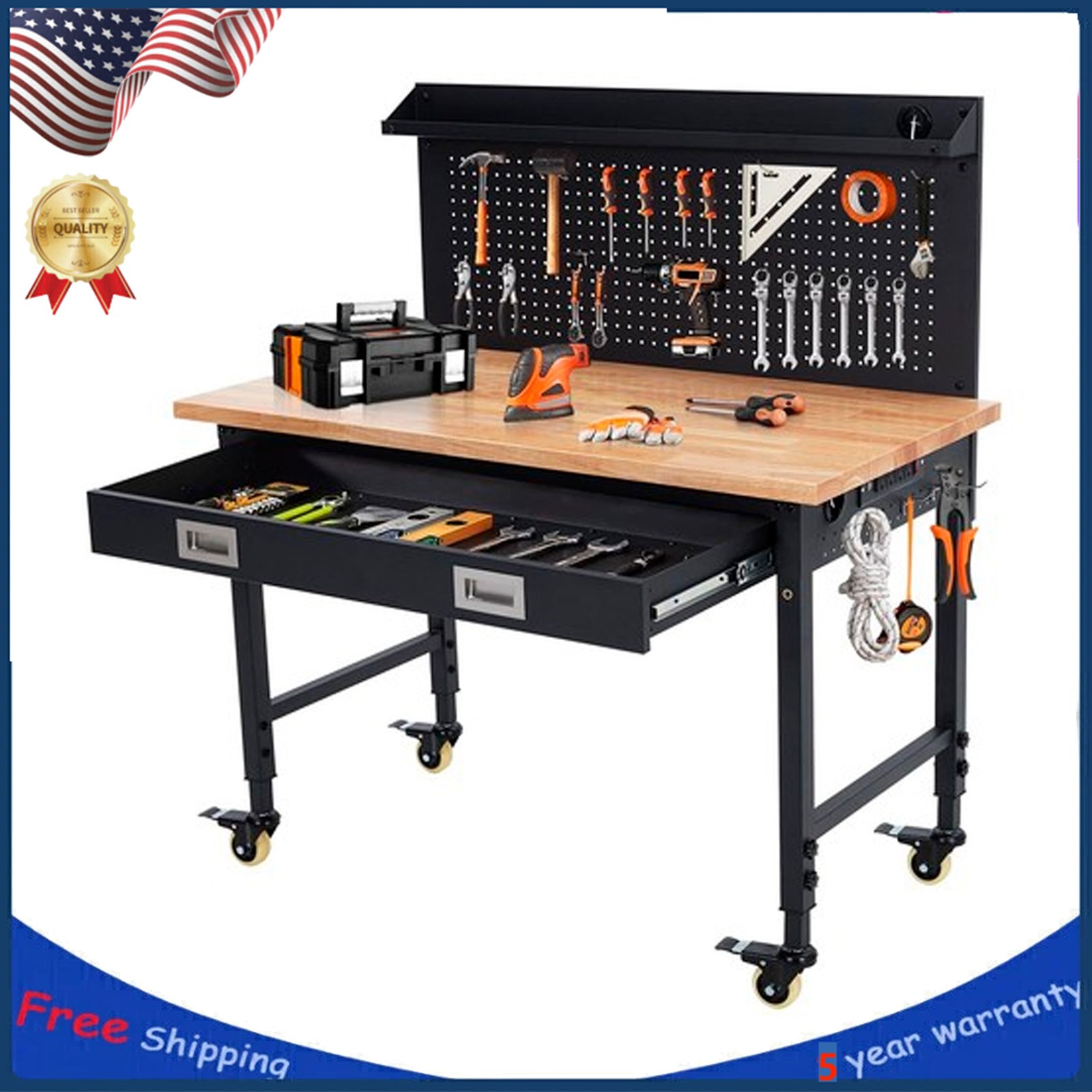 Heavy Duty Adjustable Workbench 48 Inch with Drawer, Pegboard Rolling Workbench