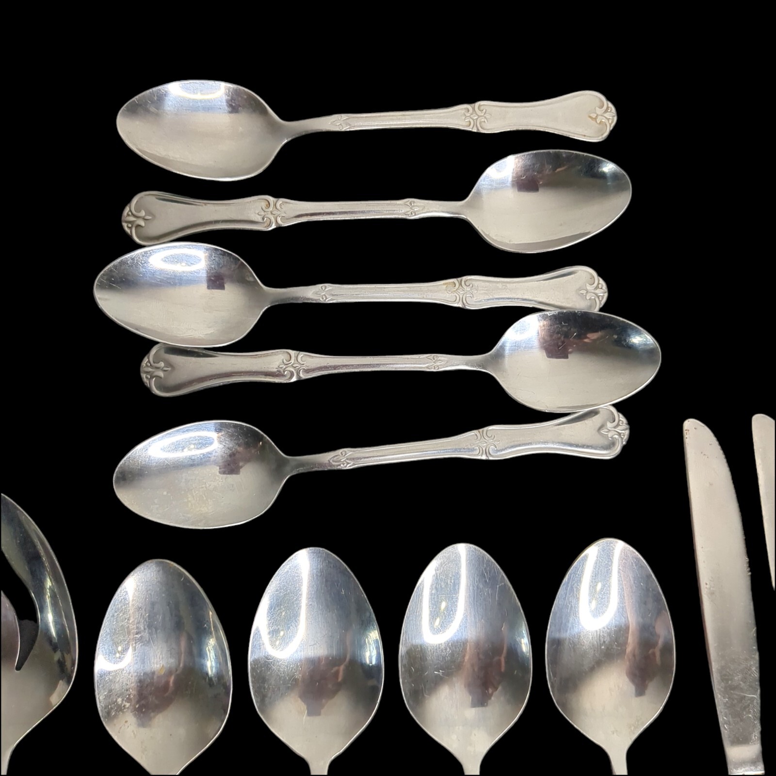 Lot 13 Alco UNKNOWN PATTERN Scrolls Scalloped Spoon Knife 6" Stainless Flatware