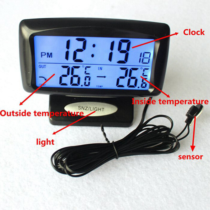Auto LCD Digital Car Inside/Outside Thermometer Meter Clock  LCD Display Black