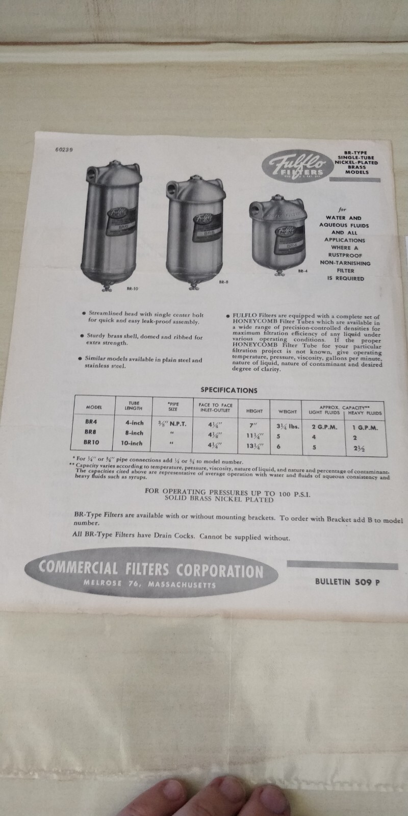1950s ~ Bulletin 509/ Data Sheet ~ FULFLO Filters ~Instructions & Specifications