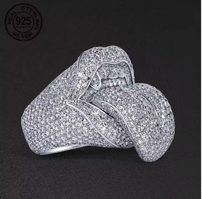 Exaggerated Death Kiss Ring for Men 925 Sterling Silver Hip Hop Style AAAAA+