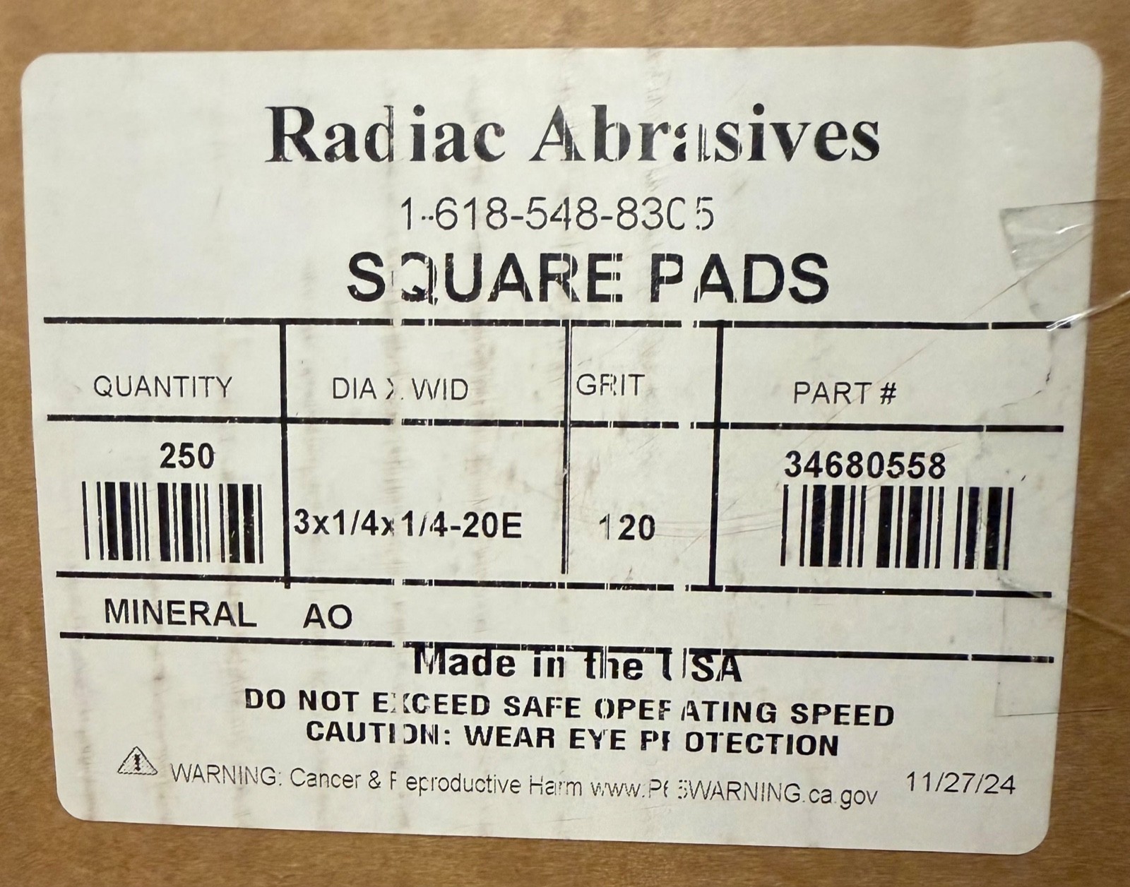 United Abrasives 3x1/4x1/4-20 Square Pads 120 Grit (Box of 250 Units)