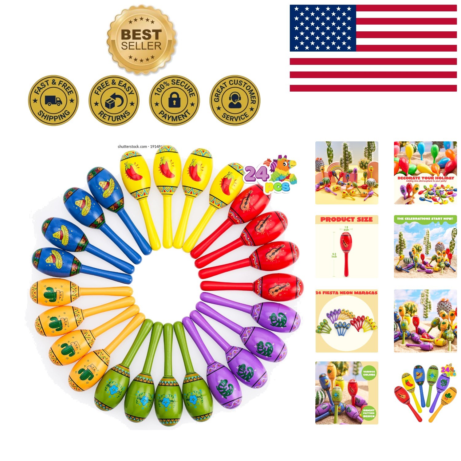 24 Colorful Wooden Maracas for Kids - Perfect for Cinco De Mayo Celebrations