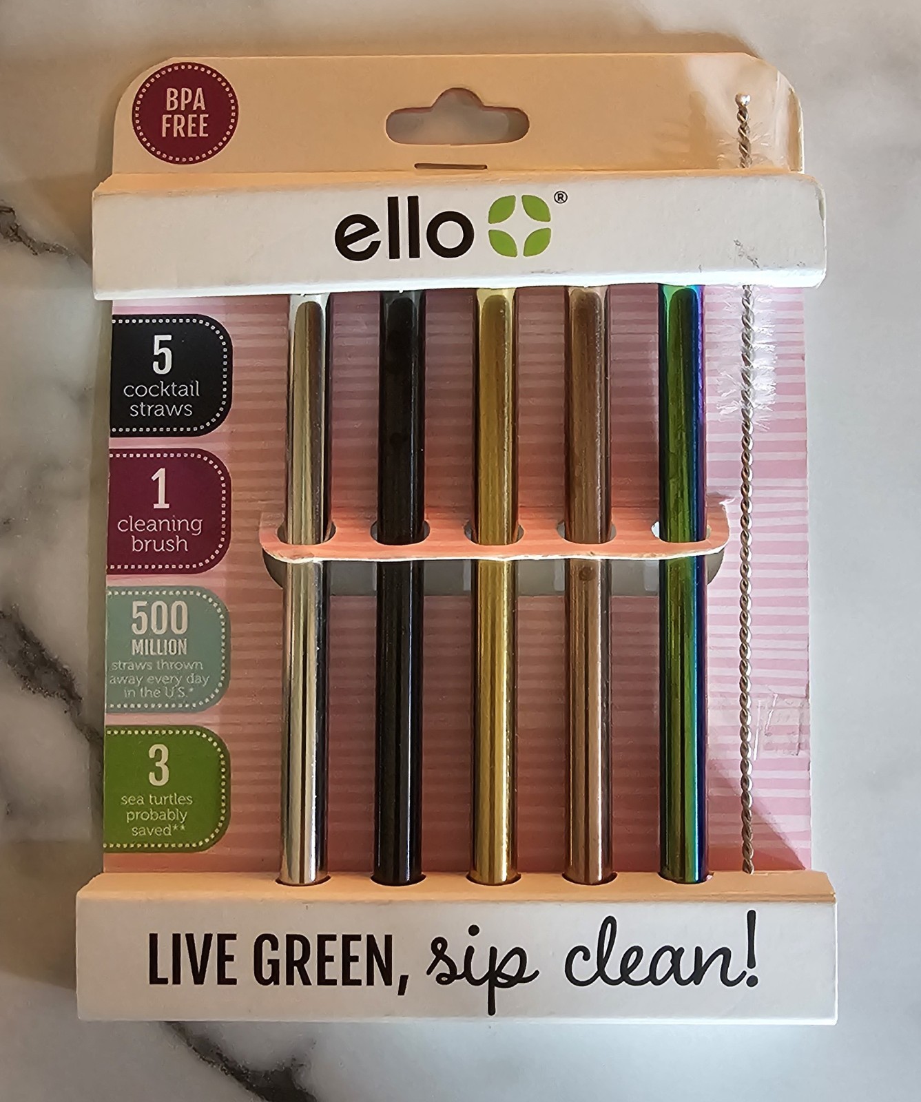 Ello  Cocktail Straws Live Green, Sip Clean 6 Straws w/ Cleaning Brush Reusable