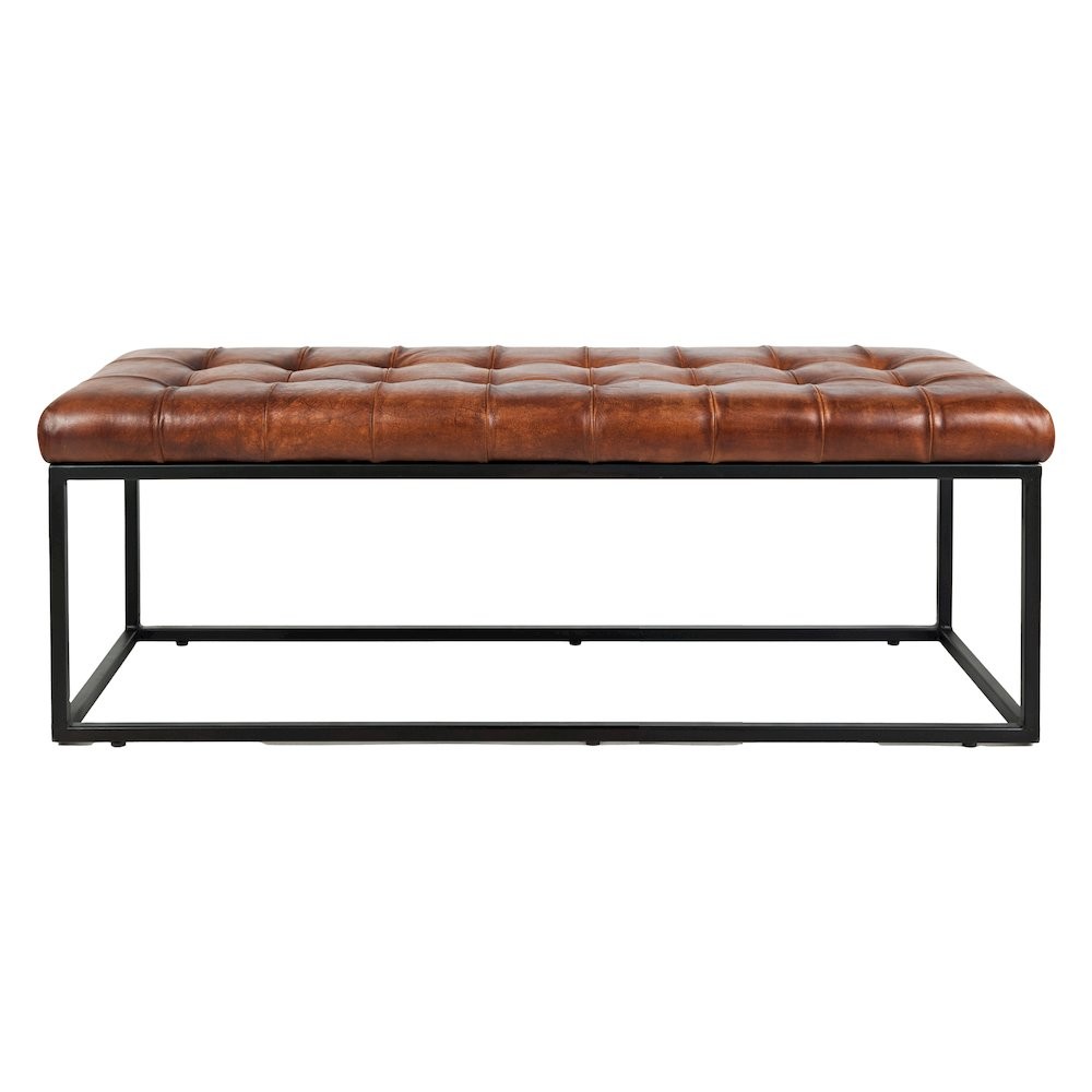 Genuine Leather Mid-Century Ottoman Bench with Iron Frame, Bedroom, Saddle...