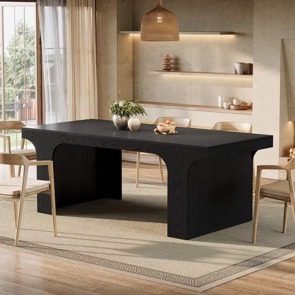 Roesler Elegant Black Wood Finish Dining Table with Smooth Arc Design, 70.9 In.