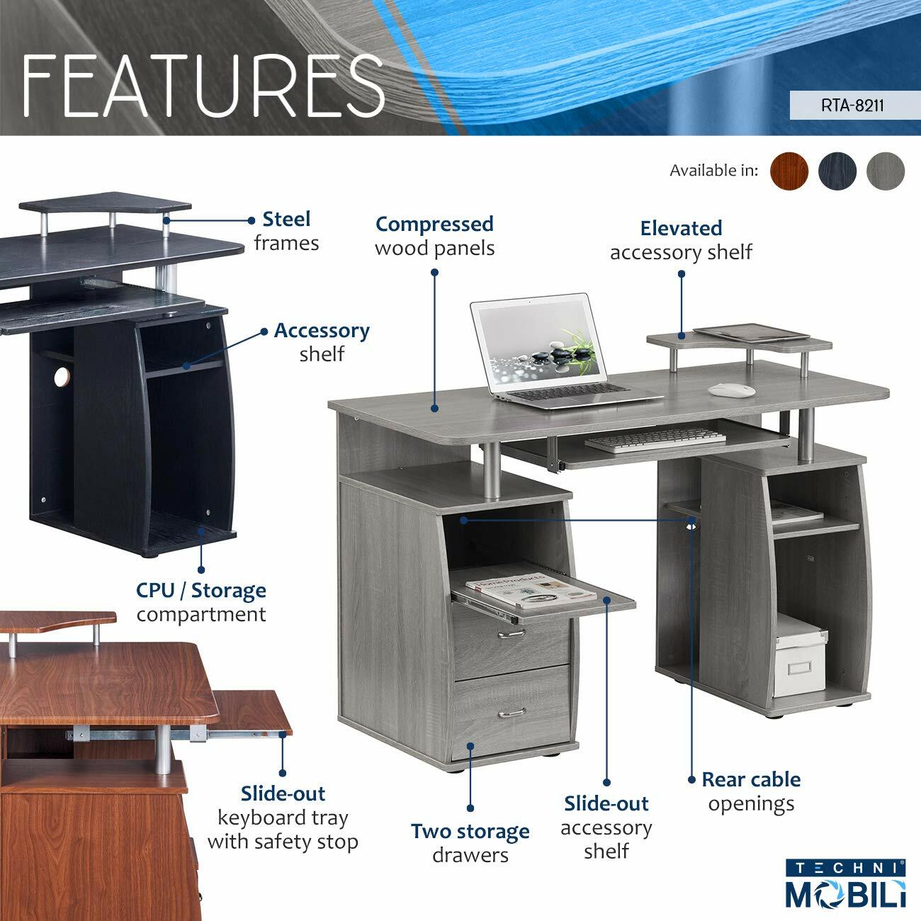 Techni Mobili Complete Computer Desk with Pull-Out Keyboard & Multiple Storage