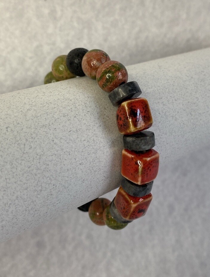 Unakite labradorite lava stone stretch bracelet