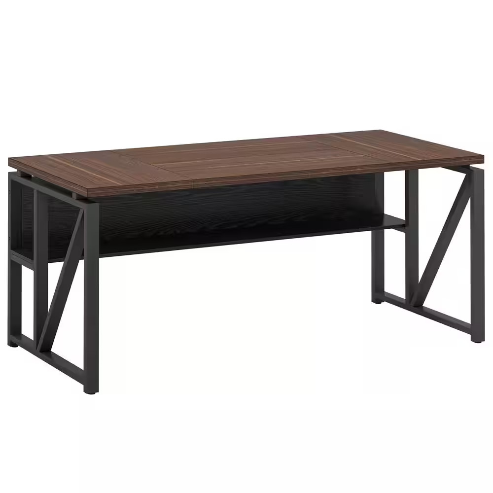 Moronia 62.9 In. Rectangular Deep Brown and Black Engineered Wood Computer Desk