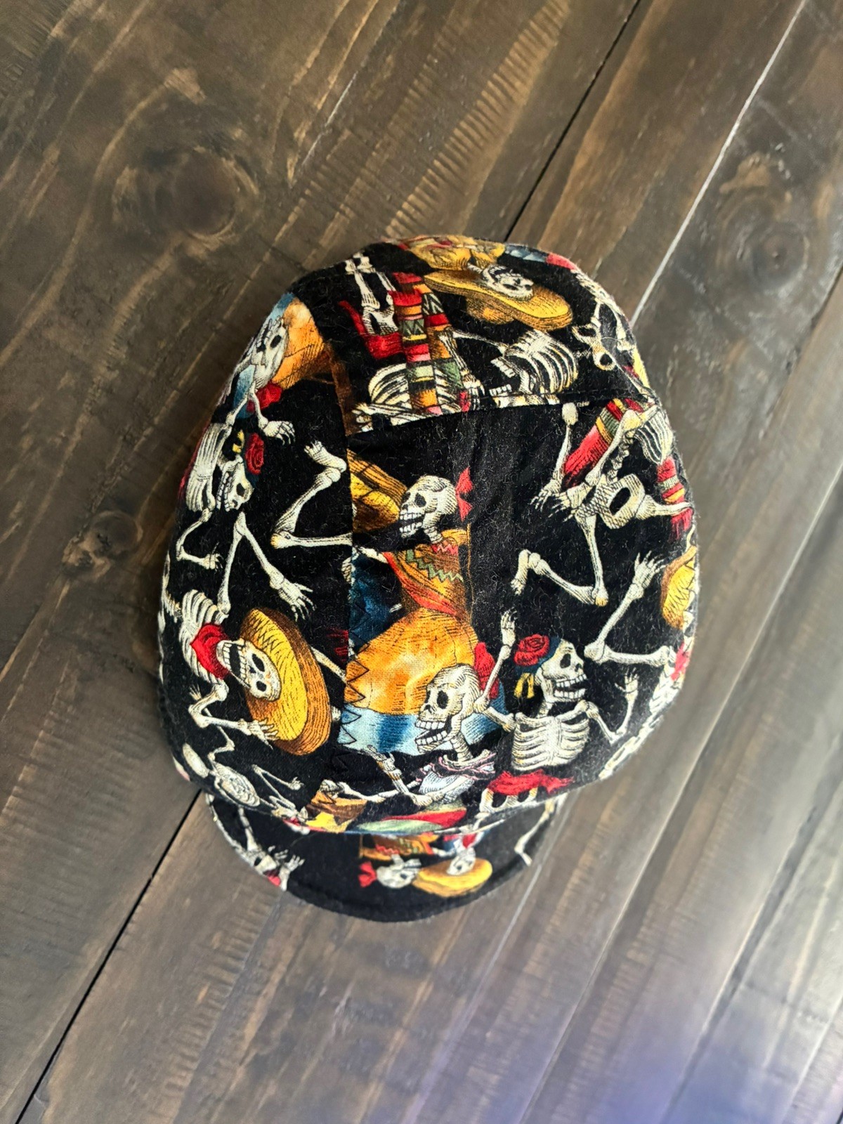 Cycling cap reversible wool color gray/fiesta de muertos one size  handmade