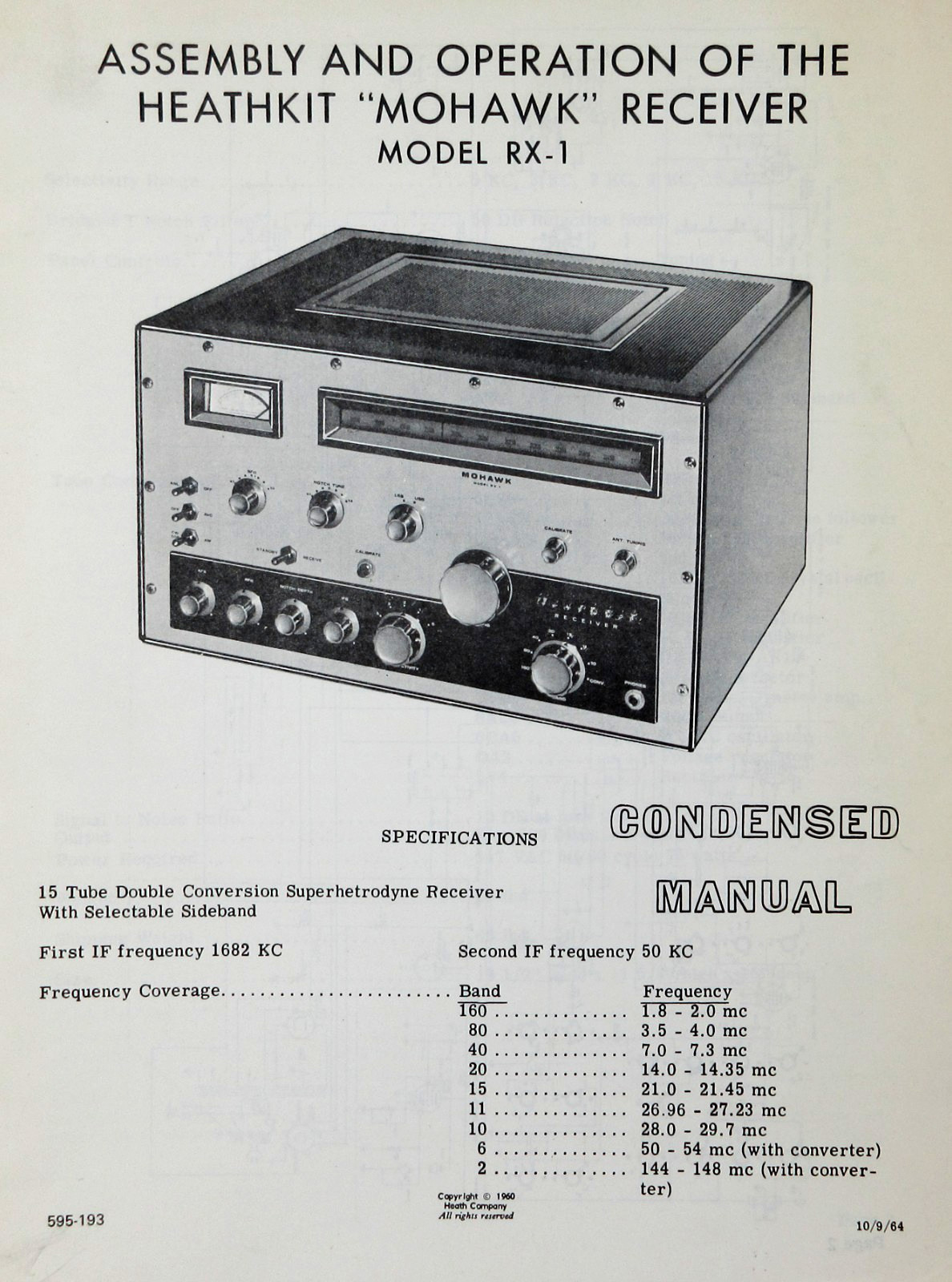 Heathkit Mohawk Ham Radio Receiver RX-1 CONDENSED MANUAL Schematic Controls 1964