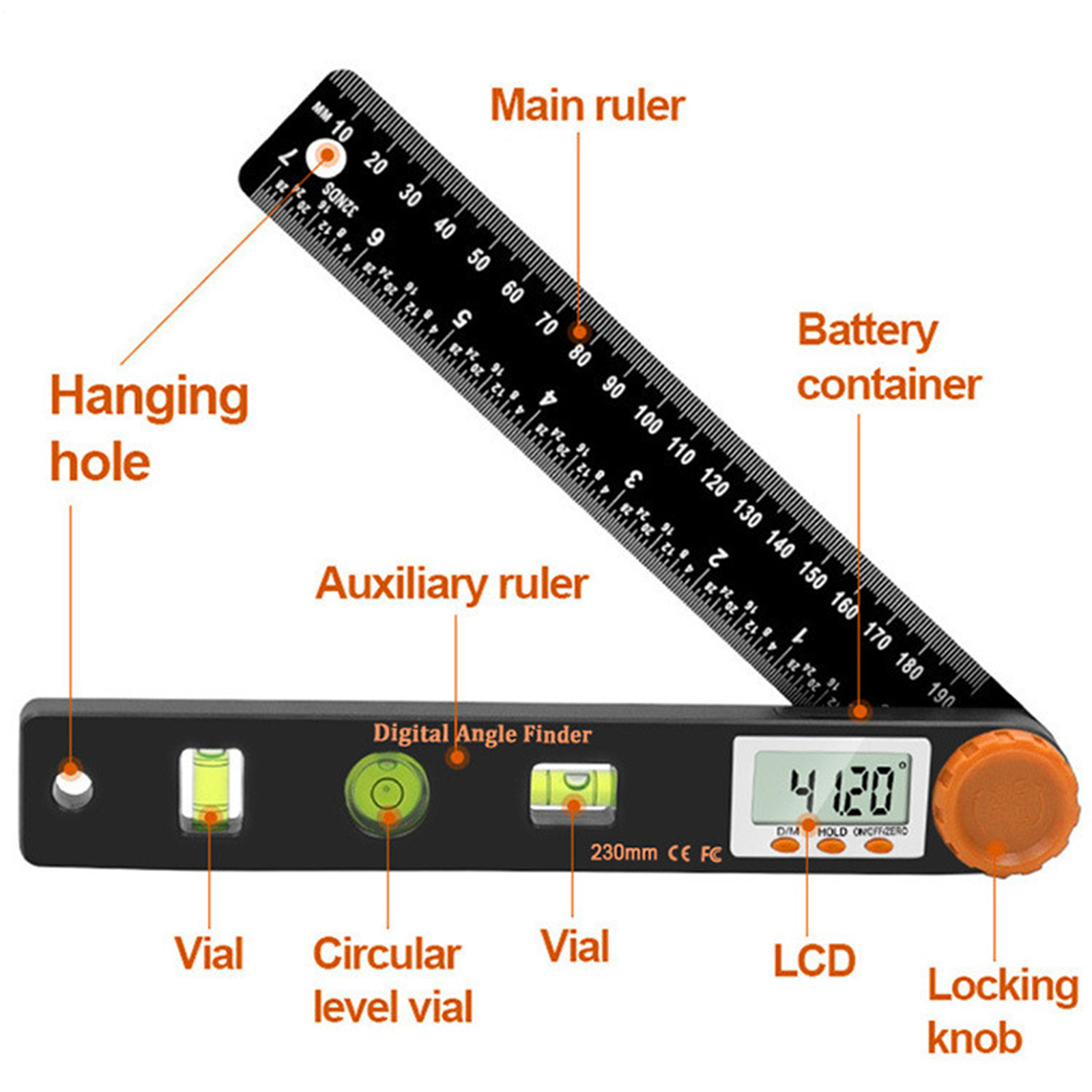 Digital Angle Finder Protractor Ruler Digital Goniometer with leveler, 7-Inch