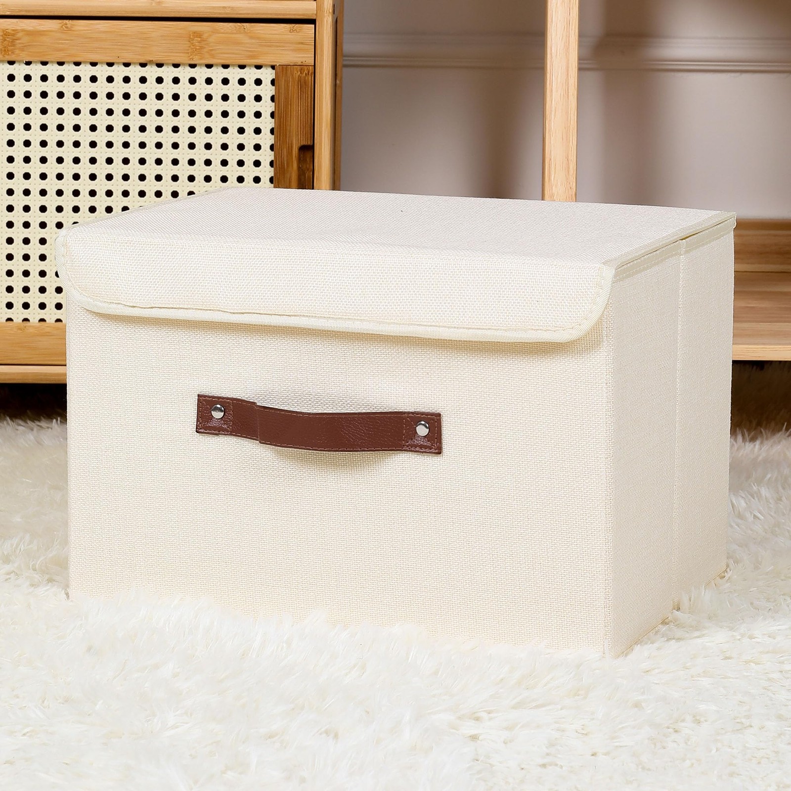 Foldable Storage Bin with Lid, PU Leather Handles, Beige, Large