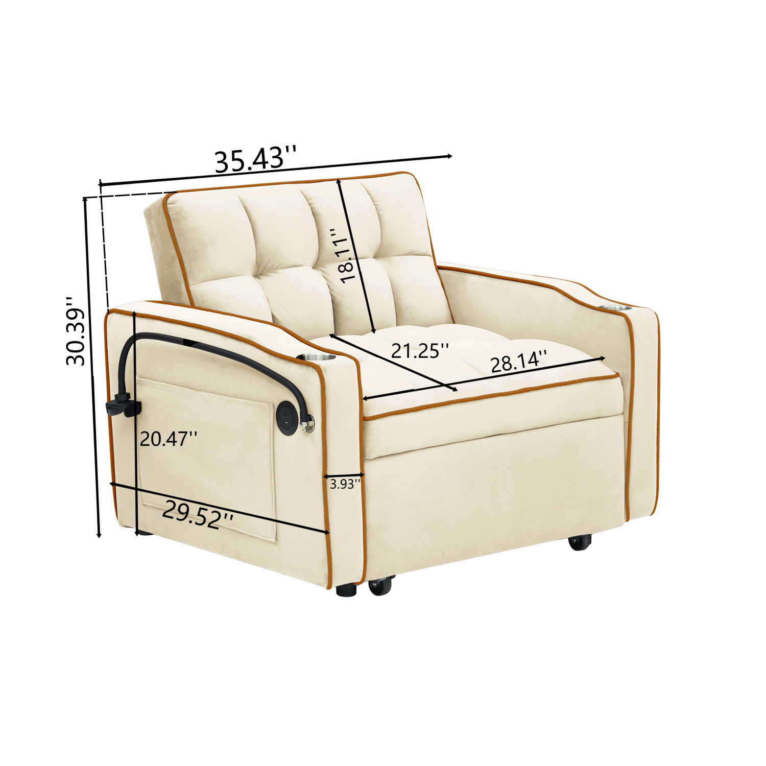 Modern Velvet Convertible Sofa Bed 3 in 1 Folding Sleeper Chair with USB Port