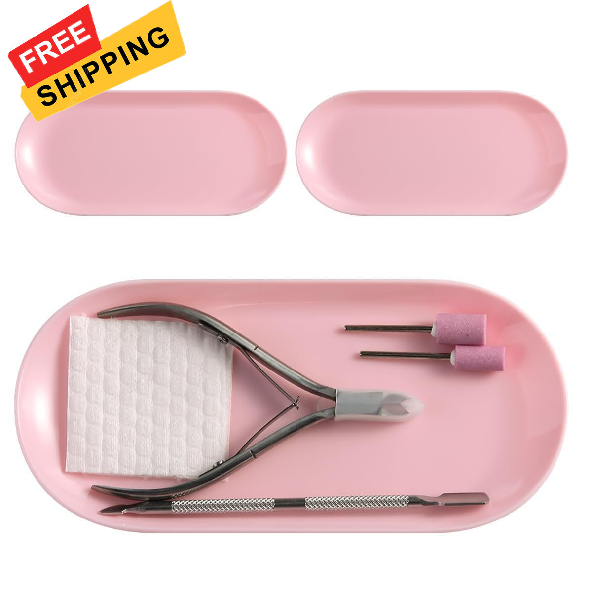 3Pcs Manicure Tools Storage Tray, Oval Plastic 6.89x3.34x0.39 inches, Pink