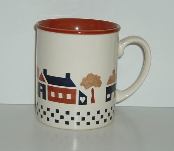 Handled Ceramic Mug with Checkerboard Border, Houses and Trees, Never Used
